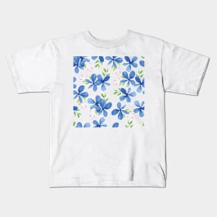 Blue Petal Flower Watercolor Pattern White Background Kids T-Shirt